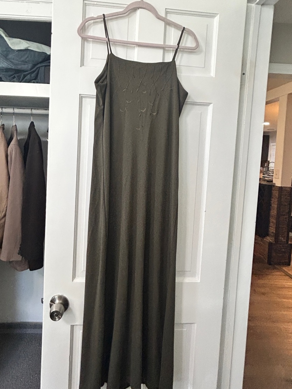 Olive Green Spaghetti Strap Slip Dress with Embroidered Vines